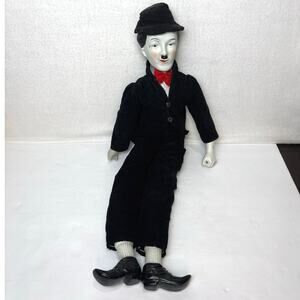 VTG Charlie Chaplin Style Porcelain Doll 24” Figurine Black Suit & Bowler Hat